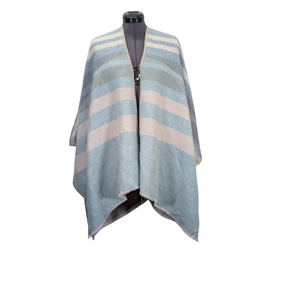 World Market Striped Ruana Wrap Poncho Shawl‎ Blue Cream One Size Boho